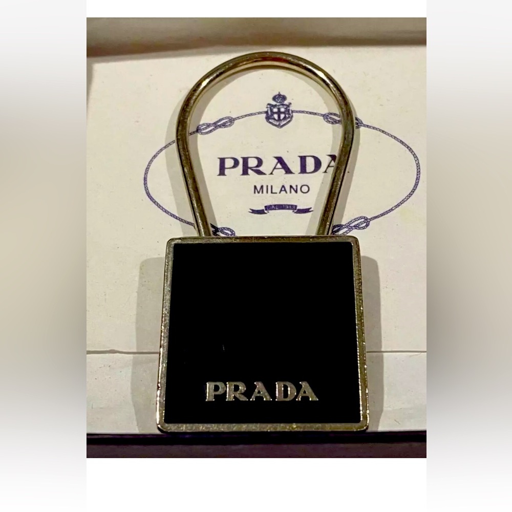 PRADA Keyring Keychain Bag Charm Square Type Silver/Black # M715